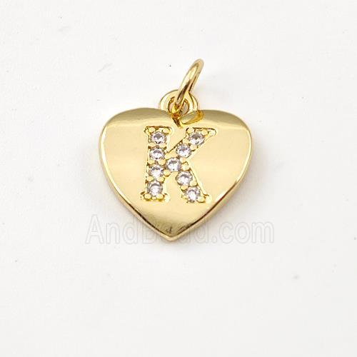 Copper Heart Pendant Pave Zirconia Letter-K Gold Plated