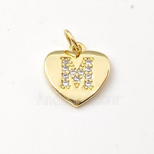 Copper Heart Pendant Pave Zirconia Letter-M Gold Plated