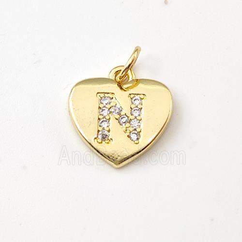Copper Heart Pendant Pave Zirconia Letter-N Gold Plated