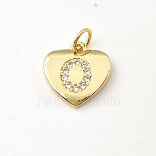 Copper Heart Pendant Pave Zirconia Letter-O Gold Plated