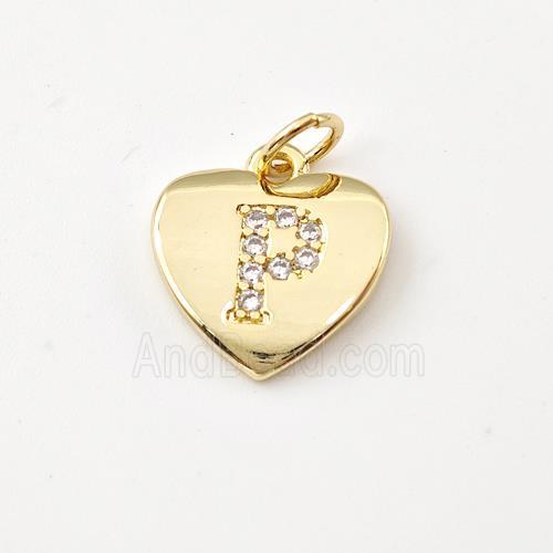 Copper Heart Pendant Pave Zirconia Letter-P Gold Plated