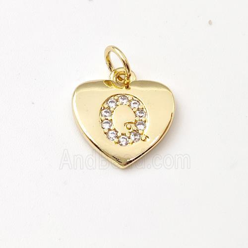 Copper Heart Pendant Pave Zirconia Letter-Q Gold Plated