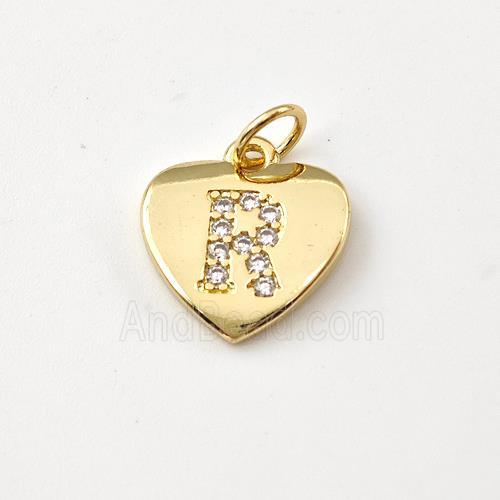 Copper Heart Pendant Pave Zirconia Letter-R Gold Plated