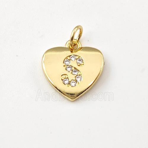 Copper Heart Pendant Pave Zirconia Letter-S Gold Plated