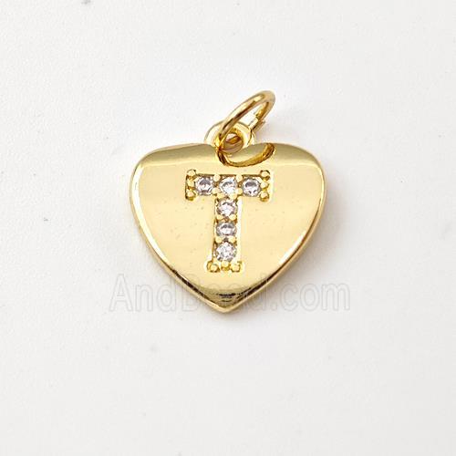 Copper Heart Pendant Pave Zirconia Letter-T Gold Plated