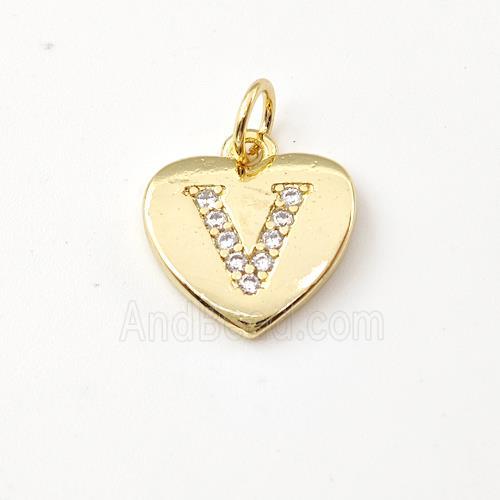 Copper Heart Pendant Pave Zirconia Letter-V Gold Plated