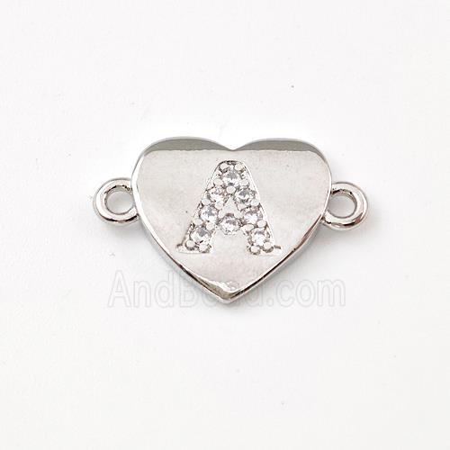 Copper Heart Connector Pave Zirconia Letter-A Platinum Plated