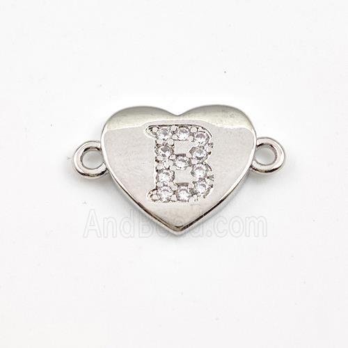 Copper Heart Connector Pave Zirconia Letter-B Platinum Plated