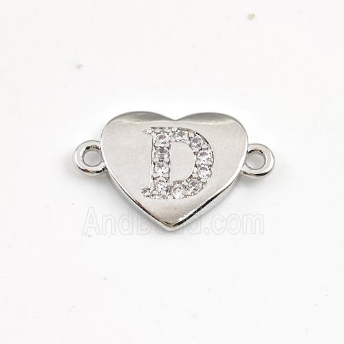 Copper Heart Connector Pave Zirconia Letter-D Platinum Plated
