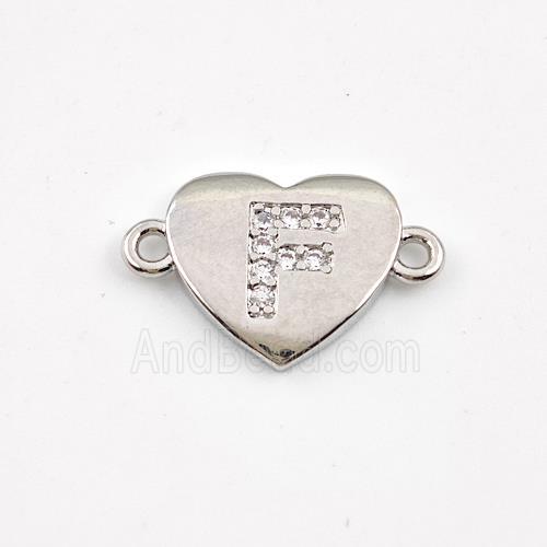 Copper Heart Connector Pave Zirconia Letter-F Platinum Plated
