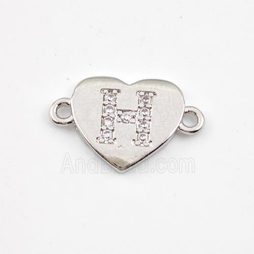 Copper Heart Connector Pave Zirconia Letter-H Platinum Plated