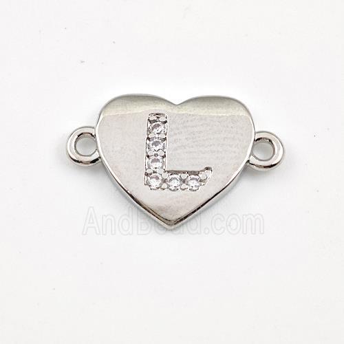 Copper Heart Connector Pave Zirconia Letter-L Platinum Plated
