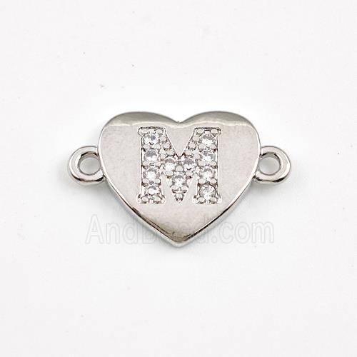 Copper Heart Connector Pave Zirconia Letter-M Platinum Plated