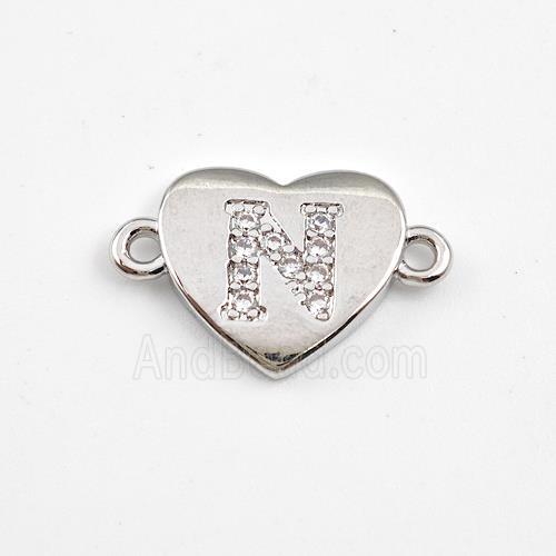 Copper Heart Connector Pave Zirconia Letter-N Platinum Plated