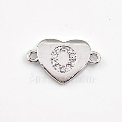 Copper Heart Connector Pave Zirconia Letter-O Platinum Plated
