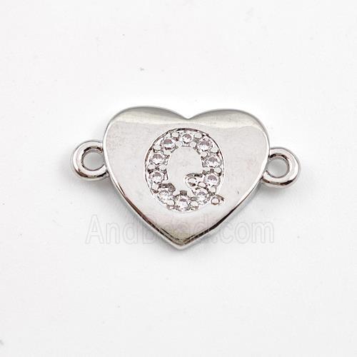 Copper Heart Connector Pave Zirconia Letter-Q Platinum Plated