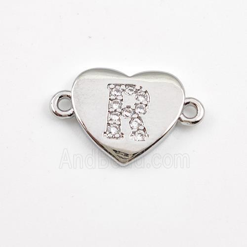 Copper Heart Connector Pave Zirconia Letter-R Platinum Plated