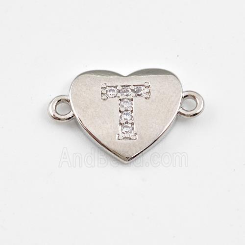 Copper Heart Connector Pave Zirconia Letter-T Platinum Plated