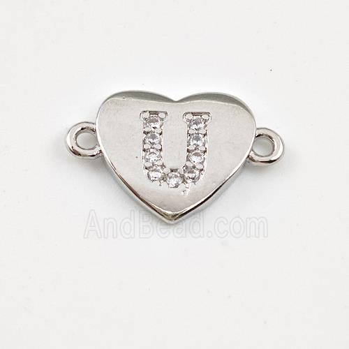 Copper Heart Connector Pave Zirconia Letter-U Platinum Plated