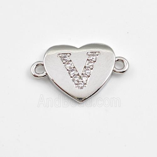 Copper Heart Connector Pave Zirconia Letter-V Platinum Plated