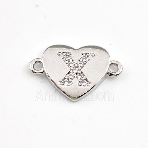 Copper Heart Connector Pave Zirconia Letter-X Platinum Plated