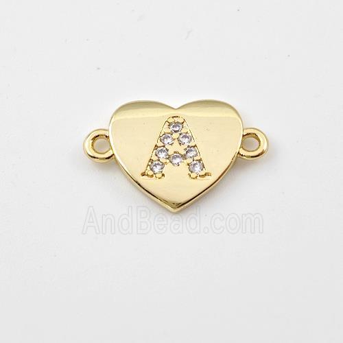 Copper Heart Connector Pave Zirconia Letter-A Gold Plated