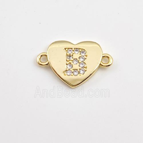 Copper Heart Connector Pave Zirconia Letter-B Gold Plated