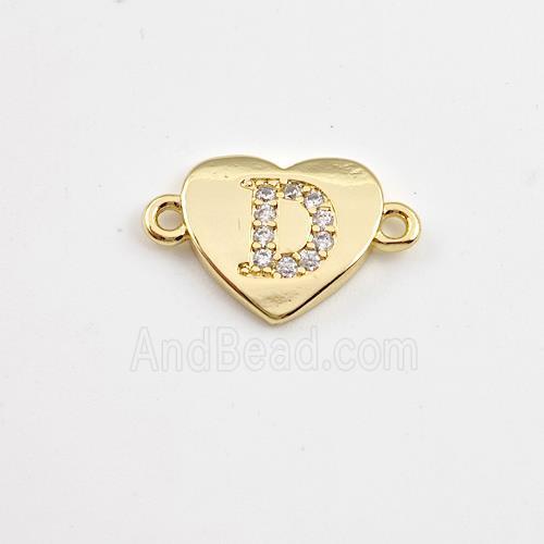 Copper Heart Connector Pave Zirconia Letter-D Gold Plated