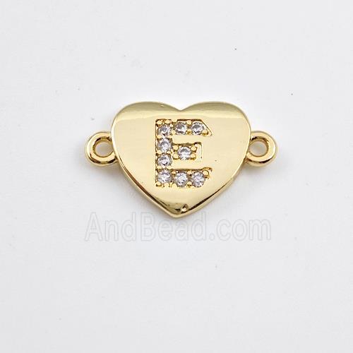 Copper Heart Connector Pave Zirconia Letter-E Gold Plated