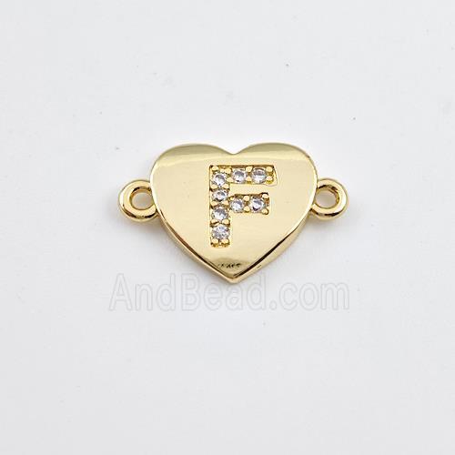 Copper Heart Connector Pave Zirconia Letter-F Gold Plated
