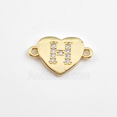 Copper Heart Connector Pave Zirconia Letter-H Gold Plated
