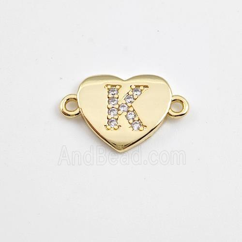 Copper Heart Connector Pave Zirconia Letter-K Gold Plated