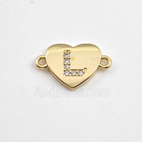 Copper Heart Connector Pave Zirconia Letter-L Gold Plated