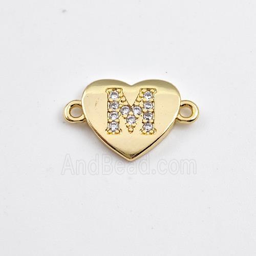 Copper Heart Connector Pave Zirconia Letter-M Gold Plated