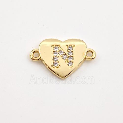 Copper Heart Connector Pave Zirconia Letter-N Gold Plated