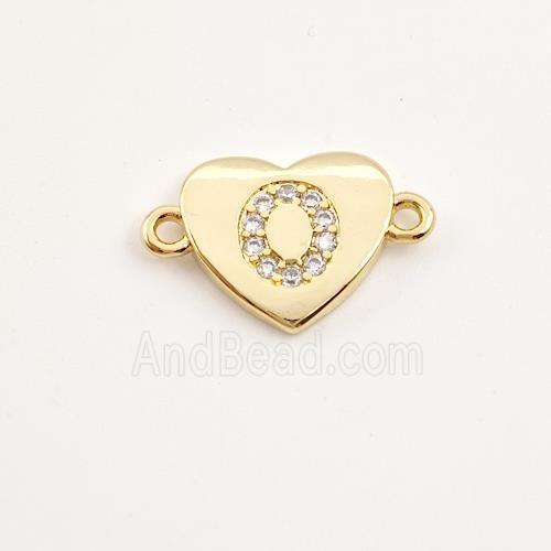 Copper Heart Connector Pave Zirconia Letter-O Gold Plated