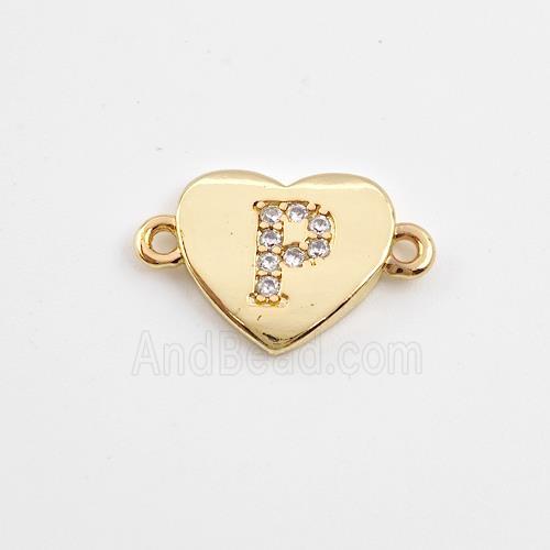 Copper Heart Connector Pave Zirconia Letter-P Gold Plated