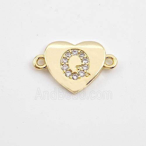 Copper Heart Connector Pave Zirconia Letter-Q Gold Plated