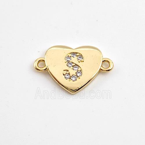 Copper Heart Connector Pave Zirconia Letter-S Gold Plated