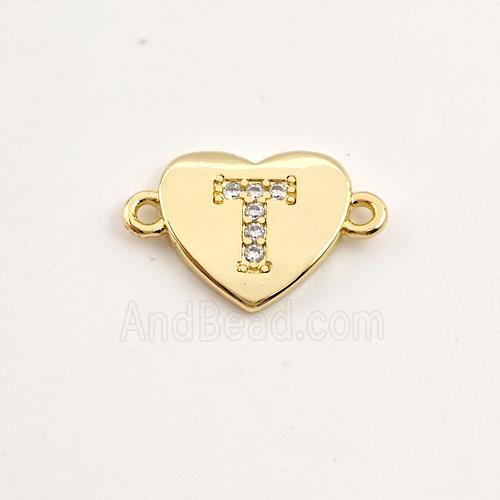 Copper Heart Connector Pave Zirconia Letter-T Gold Plated