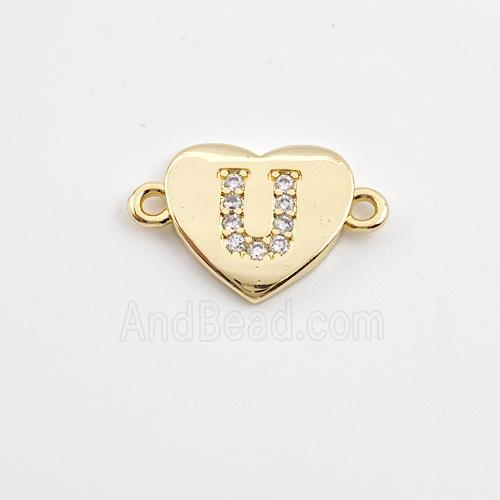 Copper Heart Connector Pave Zirconia Letter-U Gold Plated
