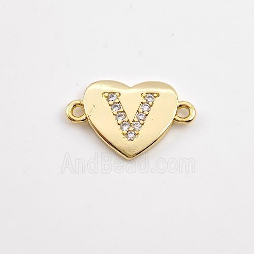 Copper Heart Connector Pave Zirconia Letter-V Gold Plated