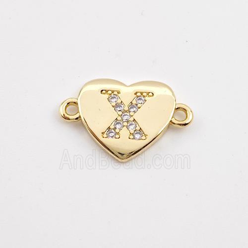 Copper Heart Connector Pave Zirconia Letter-X Gold Plated