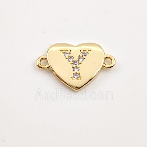 Copper Heart Connector Pave Zirconia Letter-Y Gold Plated