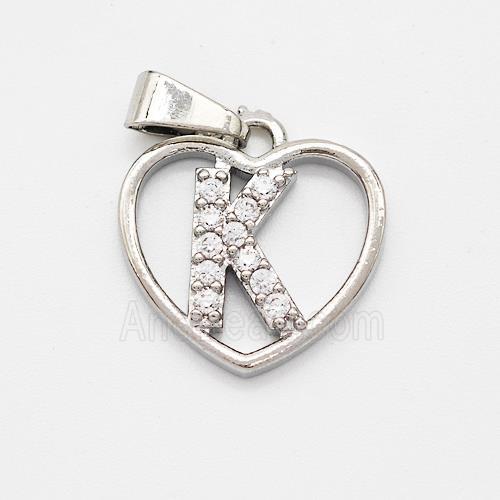 Copper Heart Pendant Pave Zirconia Letter-K Platinum Plated