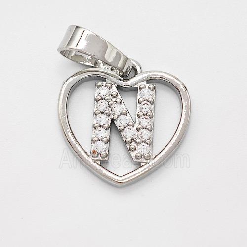 Copper Heart Pendant Pave Zirconia Letter-N Platinum Plated