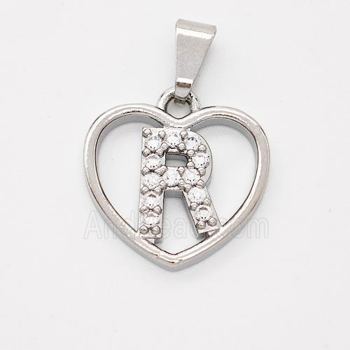 Copper Heart Pendant Pave Zirconia Letter-R Platinum Plated