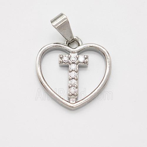 Copper Heart Pendant Pave Zirconia Letter-T Platinum Plated