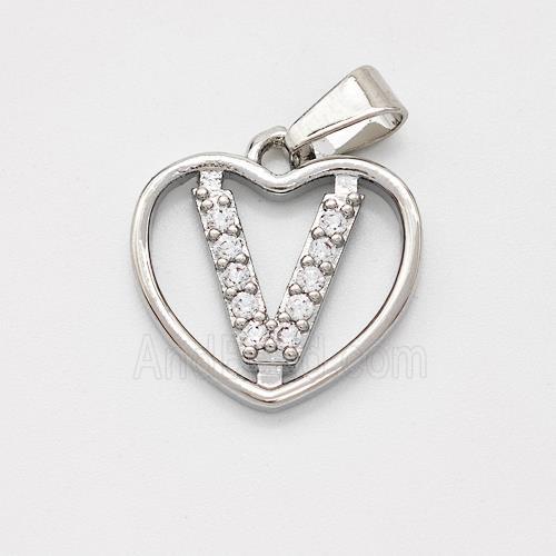Copper Heart Pendant Pave Zirconia Letter-V Platinum Plated