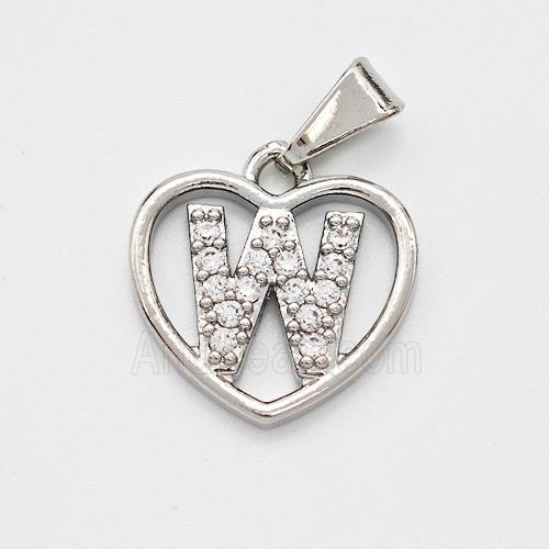 Copper Heart Pendant Pave Zirconia Letter-W Platinum Plated